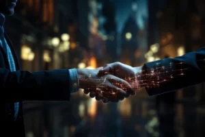 AI powered business men shakes hands and make a new SEO deal.