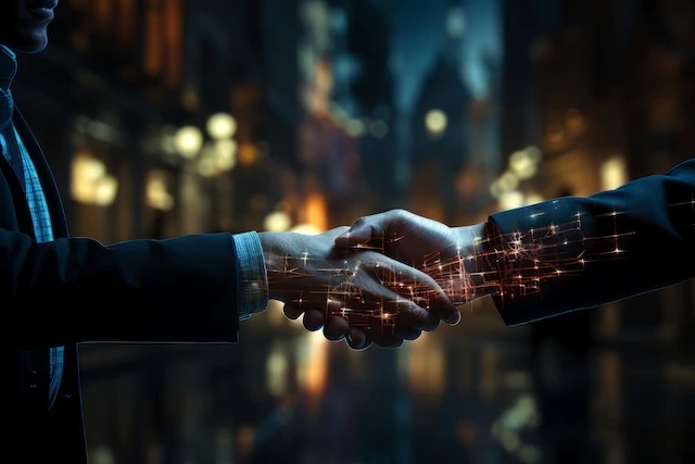 AI powered business men shakes hands and make a new SEO deal.